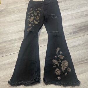 Black Flared Jeans with Gold Stud Paisley Details